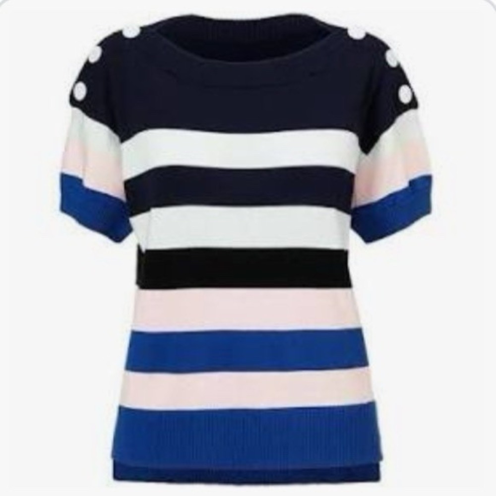 Cabi 5448 Sailor Sweater XS Navy Blue Pink Stripe Button Shoulder Nautical